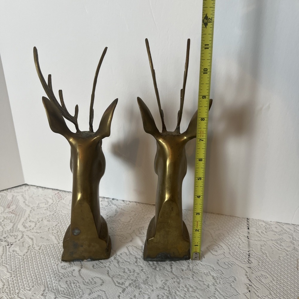 MCM Stag Brass Book Ends Vintage Deer Brass Heads Library Lodge Hunting 12" Tall - Picture 5 of 6
